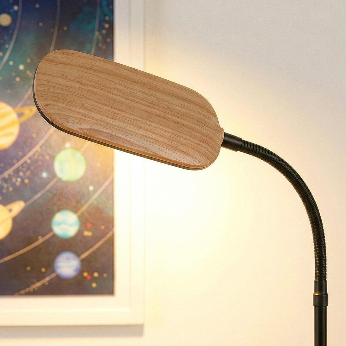 Litespan Slim LED Floor Lamp - Modern Reading Light Over Chair for Living Rooms & Offices, Tall With Adjustable Gooseneck, Crafts Work Light, Dimmable Standing for Bedroom - Wood