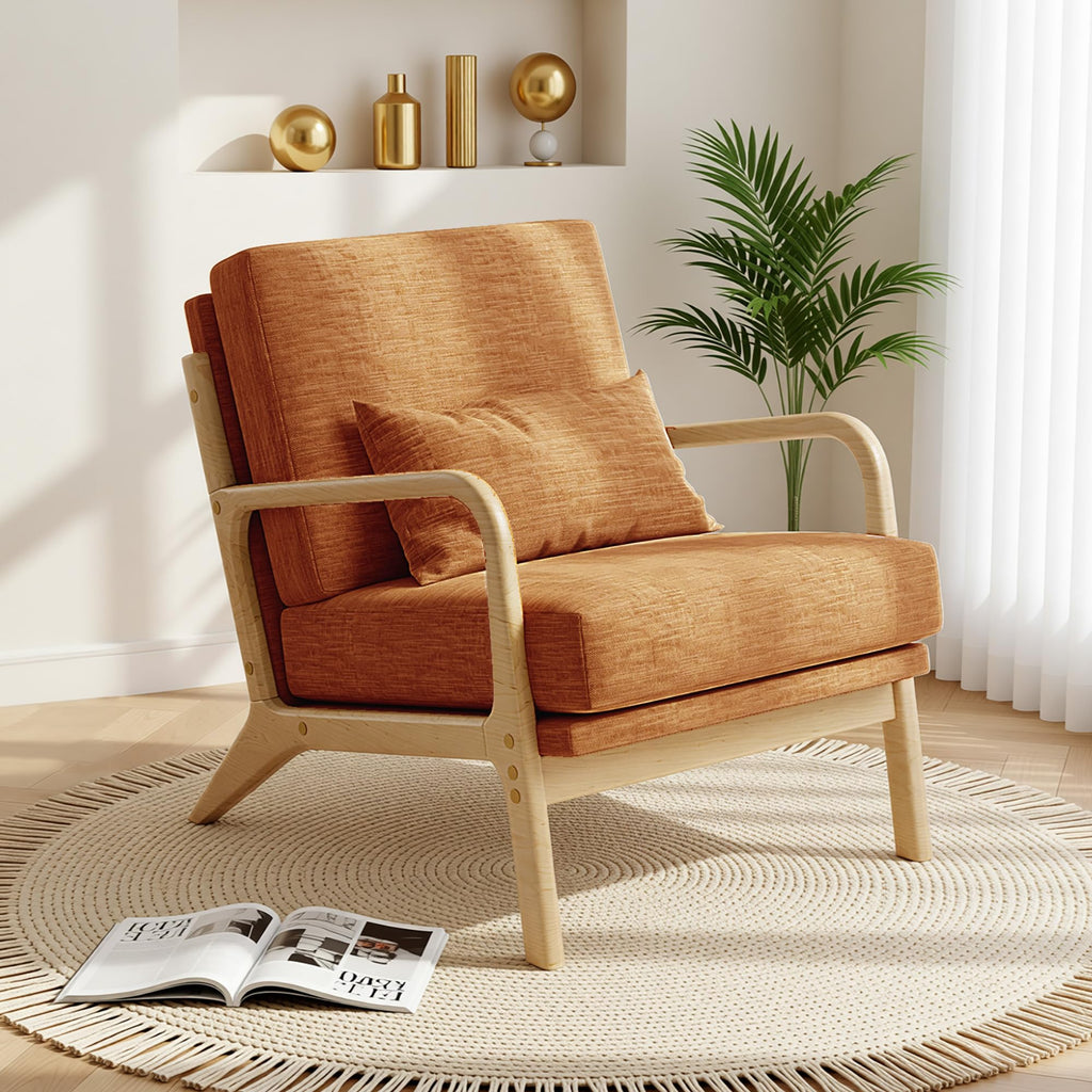 Mid-Century Modern Accent Chair, Armchair with Solid Wood Frame & Lumbar Pillow, Comfy Upholstered Lounge Chair for  Office, Bedroom, Linen-Like Fabric, Orange