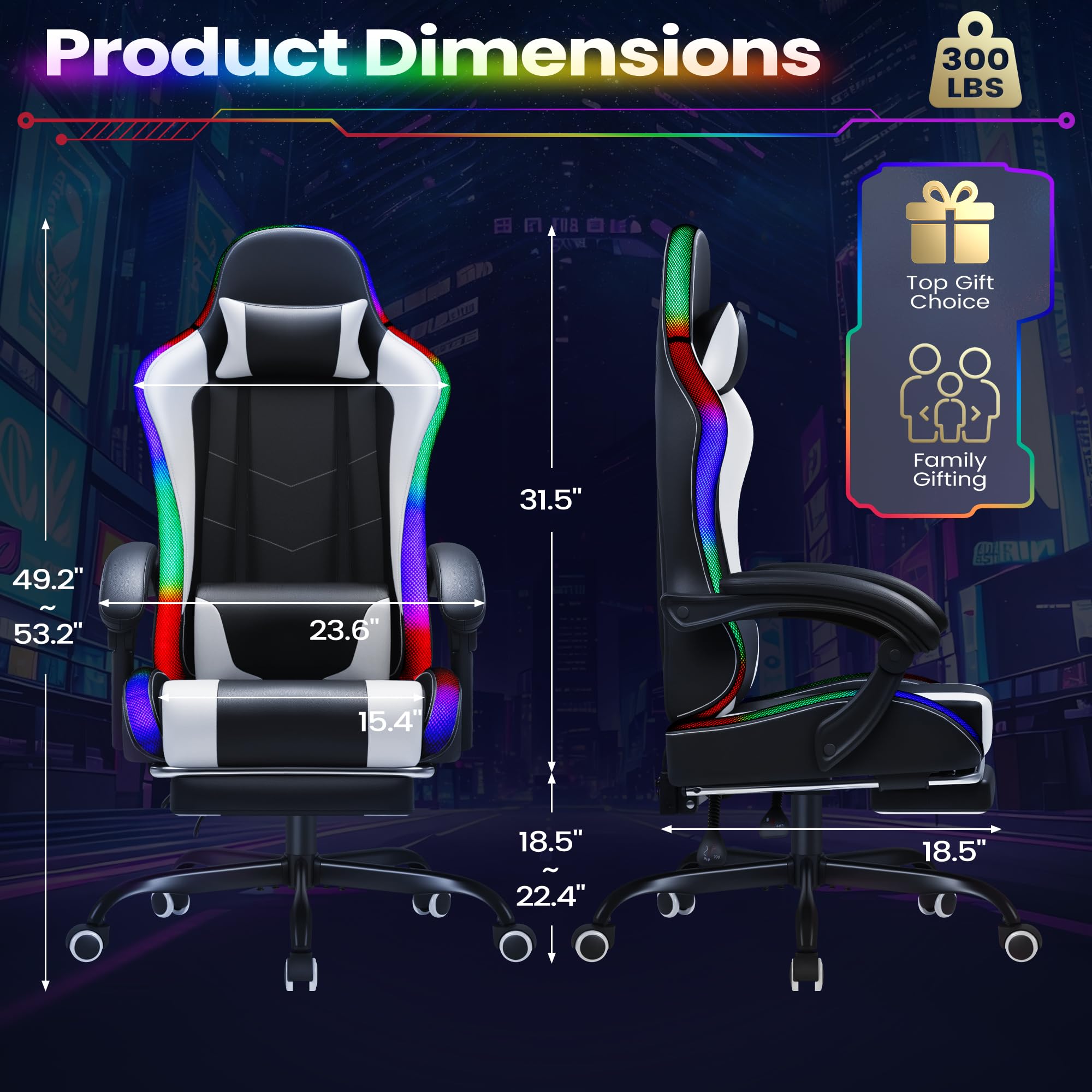 Gaming Chair, Video Game Chair with Footrest and Massage Lumbar Support, Ergonomic Computer Chair Height Adjustable with Swivel Seat and Headrest (RGB Lvory)