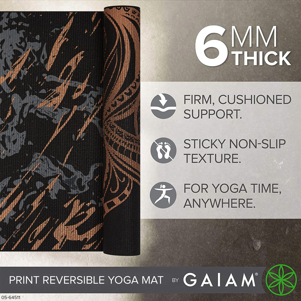 Reversible Yoga Mat, 6mm Thick Print Mat (Marbled Bronze Medallion)