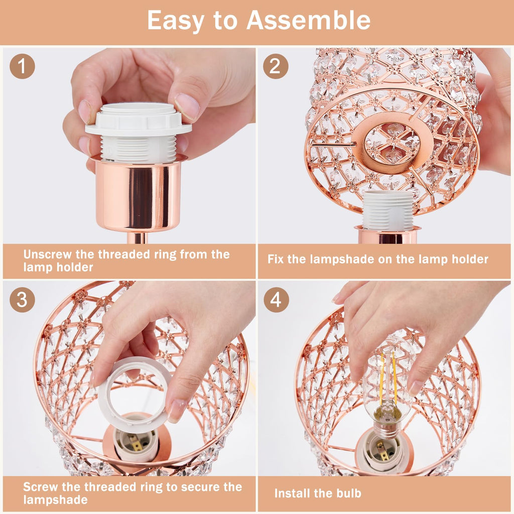 Crystal Table Lamp, Rose Gold Touch Lamp with USB C+A Port, 3-Way Dimmable
