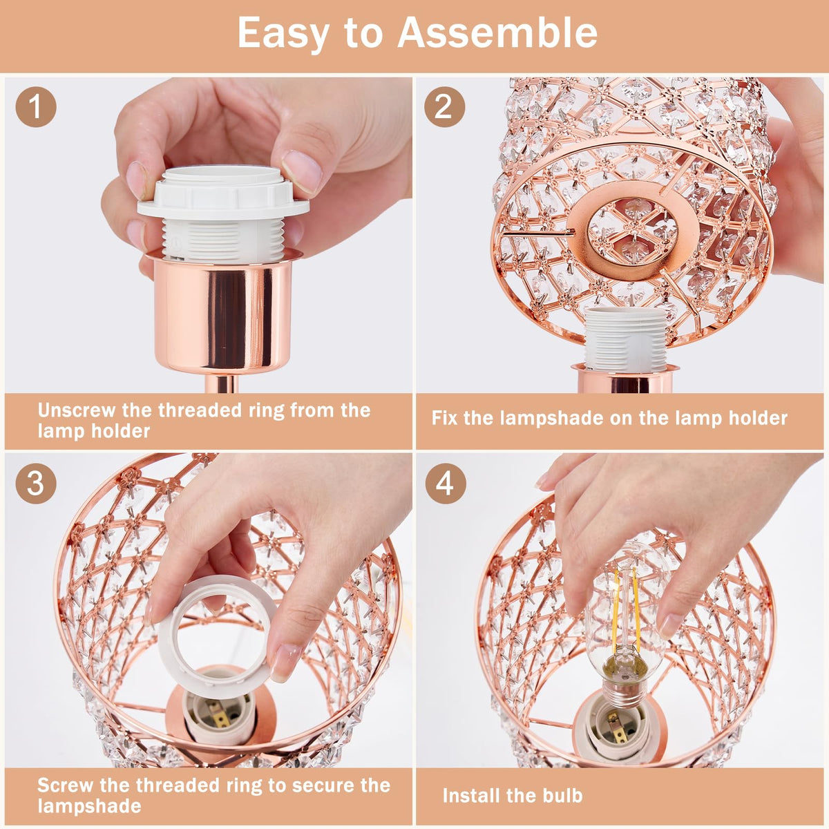 Crystal Table Lamp, Rose Gold Touch Lamp with USB C+A Port, 3-Way Dimmable