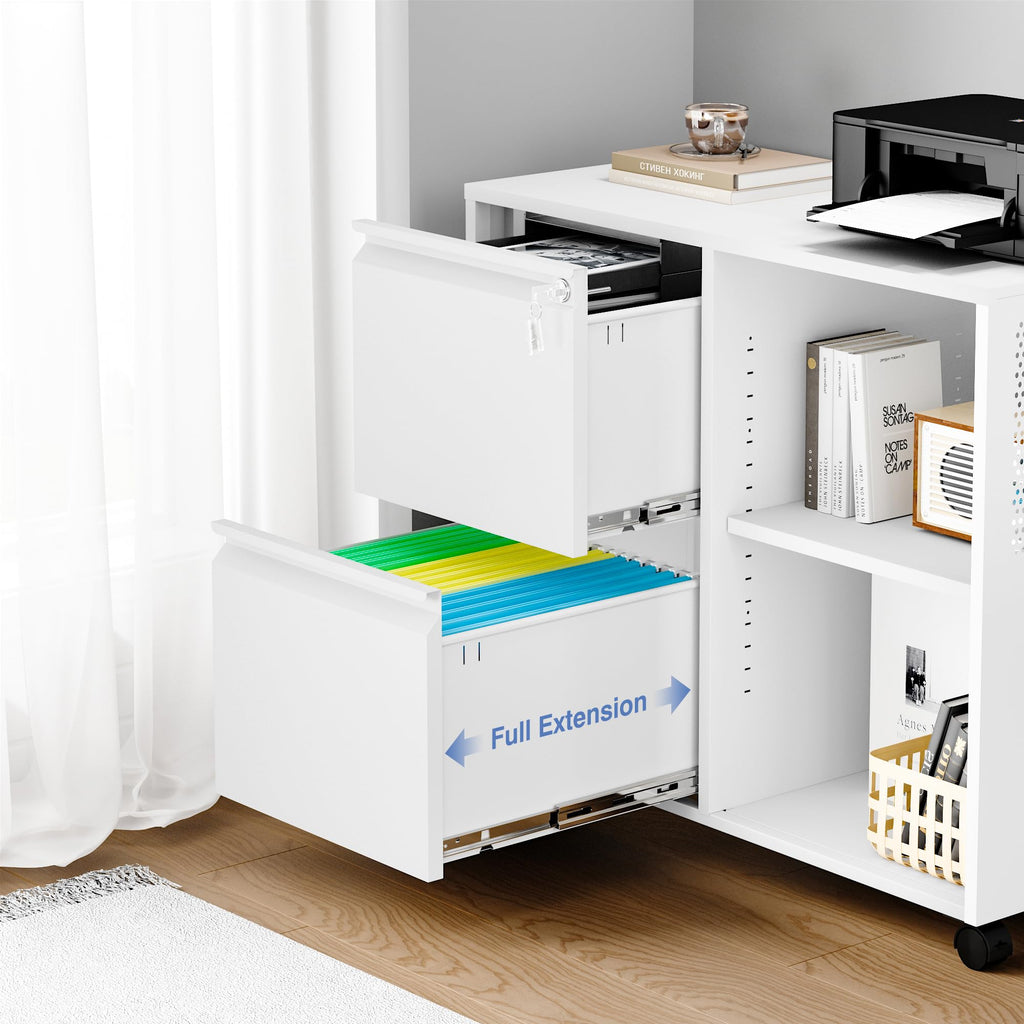 Metal 2 Drawer File Cabinet with Side Hook, Lockable Lateral Filing Cabinet for Letter/A4/Legal Size Files,Rolling Printer Stand with Adjustable Shelf & Lockable Wheelss for Home Office(White)