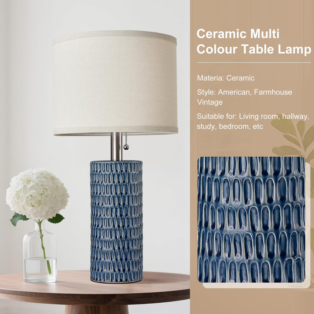 20.5" Modern Ceramic Table Lamps for Bedroom Set of 2, Bedside Lamps for Night Stands with Beige Lampshade, Farmhouse Table Lamp for Living Room Office Dorm, Blue