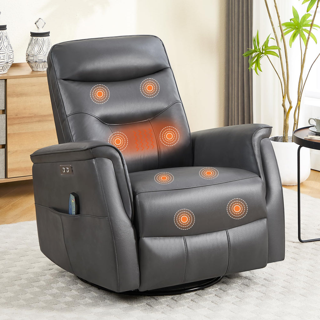 Recliner Chair for Adults, Power Faux Leather Rocker Recliner Massage and Heat, Oversized Swivel Reclining Nursery Chair with USB Ports for Living Room, Office Grey
