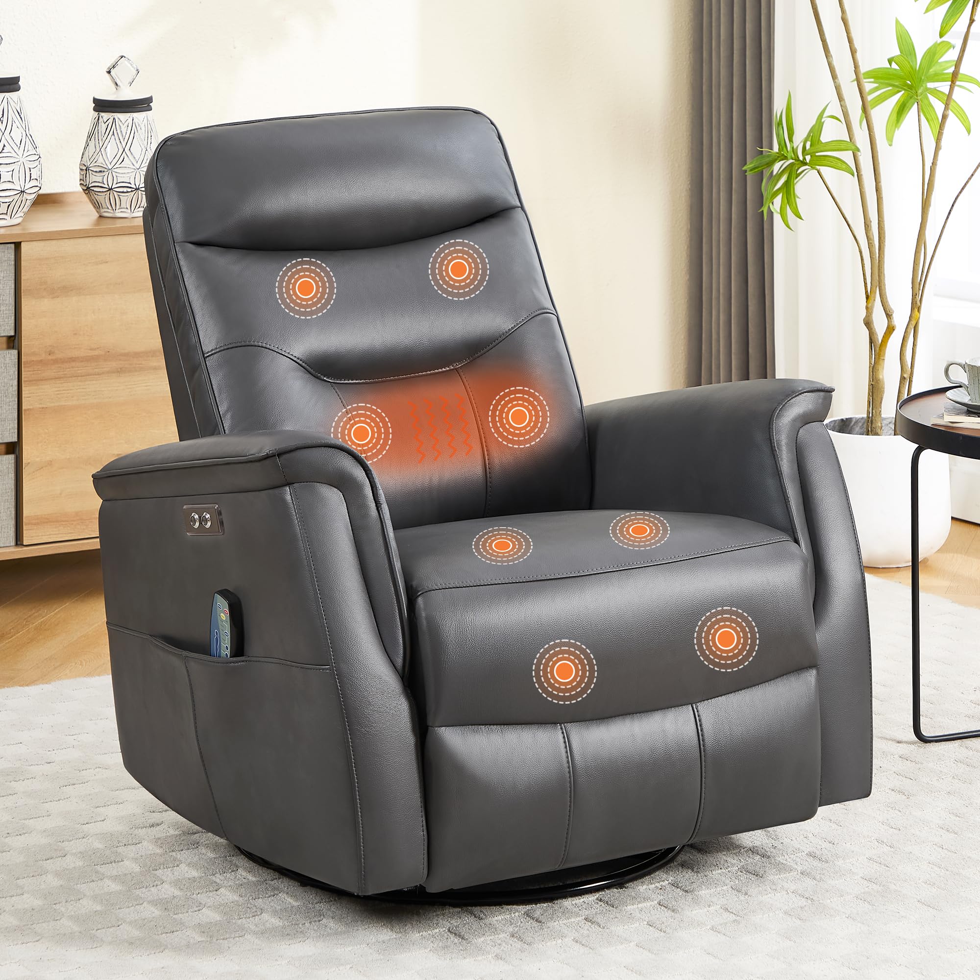 Recliner Chair for Adults, Power Faux Leather Rocker Recliner Massage and Heat, Oversized Swivel Reclining Nursery Chair with USB Ports for Living Room, Office Grey