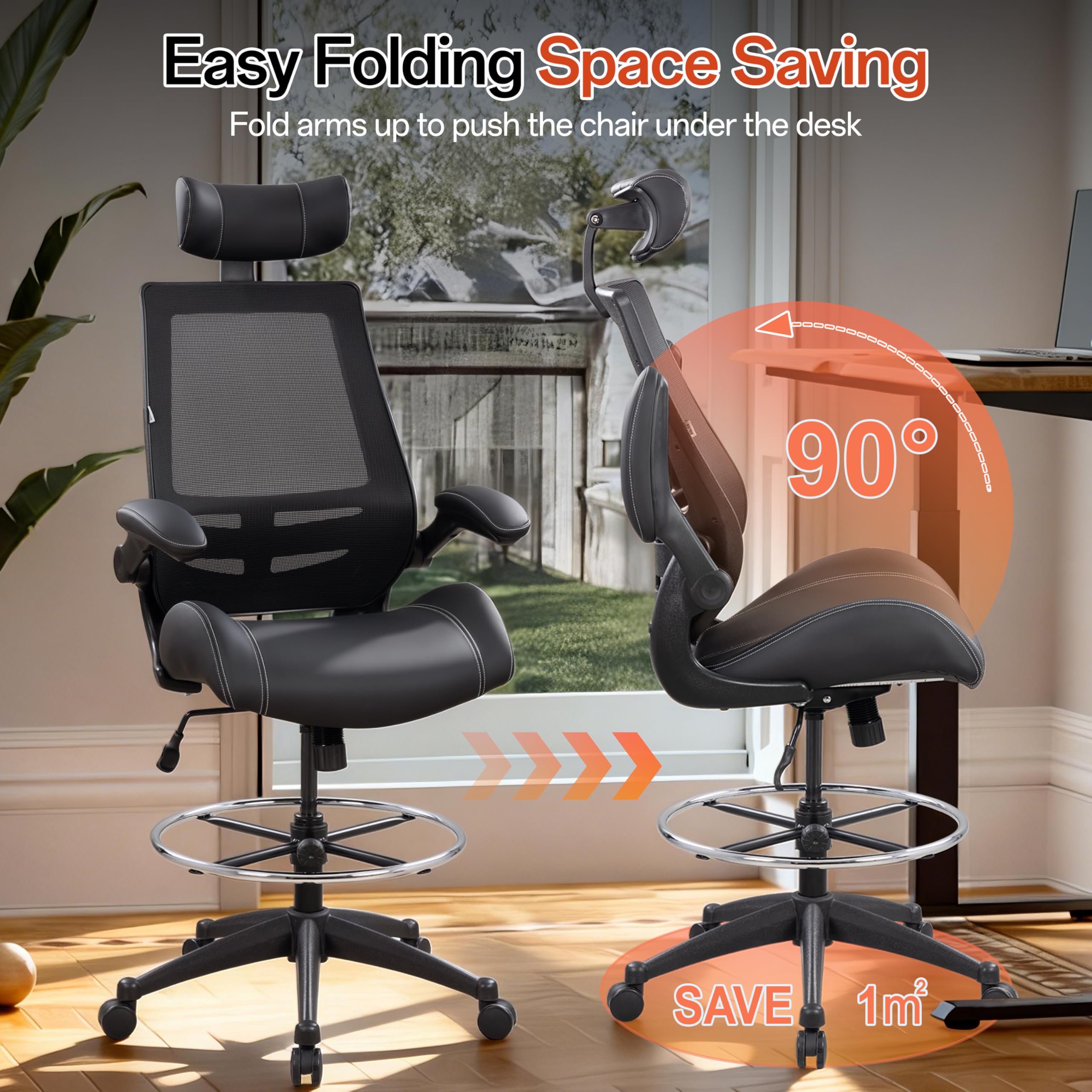 Tall Ergonomic Office Chair, Sustainable Tech-Leather Drafting Chair with Adjustable Foot Ring, 90° Flip-Up Arms Space Saving Mesh Computer Desk Chair for Standing Desk Executive Work 8+ Hours