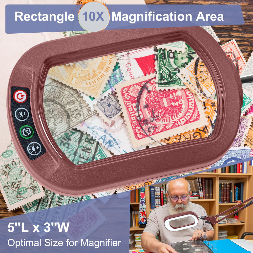 14.35" Large Magnifying Glass with Light and Clamp, Real Glass, 5 Color Modes, Stepless Dimmable, Lighted Magnifier with Stand Hands Free, LED Swing Arm Desk Lamp for Close Work, Craft, Red