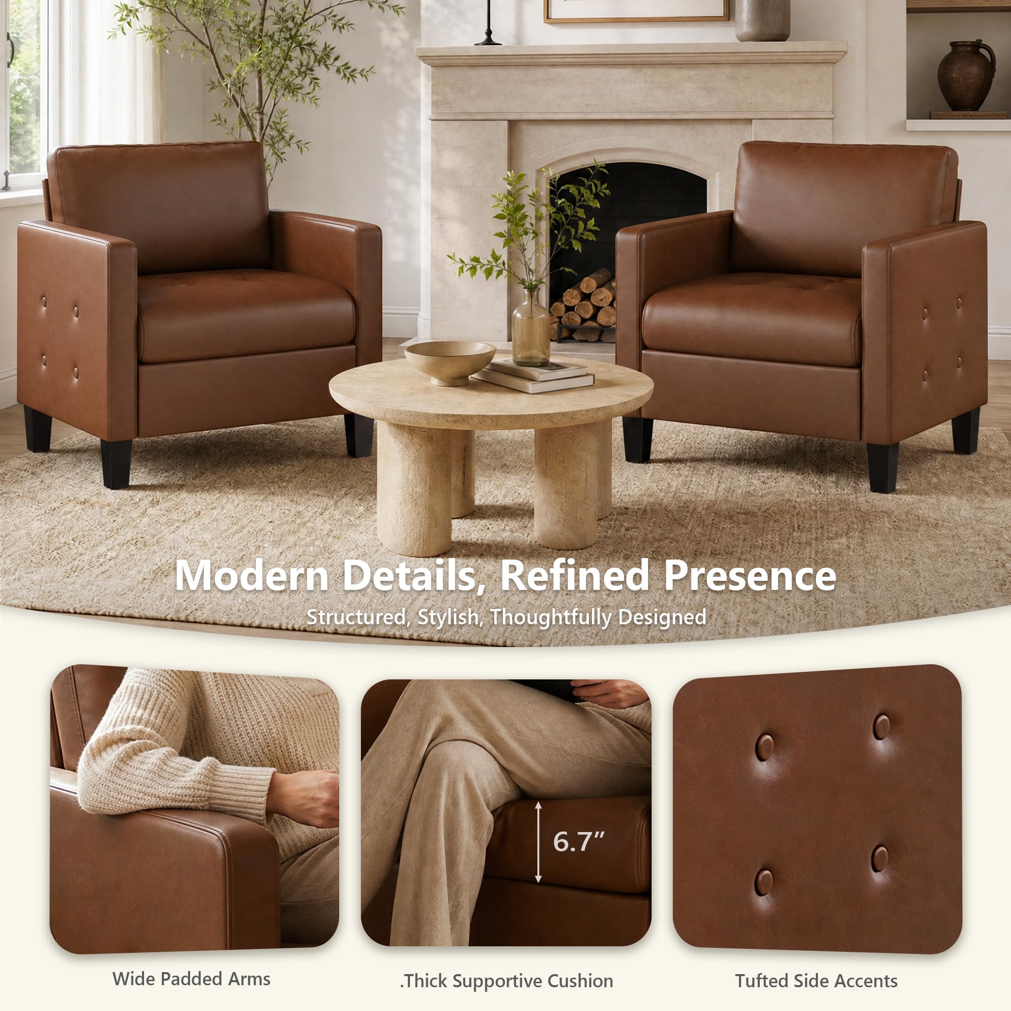 Accent Chair, Brown Leather Chair, Mid-Century Modern Living Room Chairs, Cozy Office Reading Chair with Tufted Seat and Armrest, Reception Armchairs for Bedroom, Waiting Room