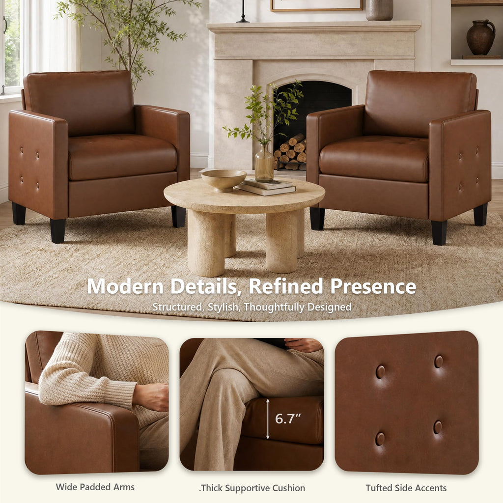 Accent Chairs Set of 2, Brown Faux Leather Chair, Mid-Century Modern Living Room Chairs, Cozy Office Reading Chair with Tufted Armrest and Seat, Armchairs for Waiting Room, Bedroom (2)