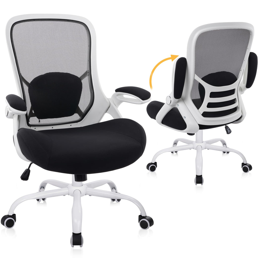 400lbs Heavy Duty Office Chair, 5" Thickened Seat Ergonomic Desk Chair with Adjustable Armrests, Home Office Computer Chairs for Long Hours Mesh Executive Chair(White Base&Black)