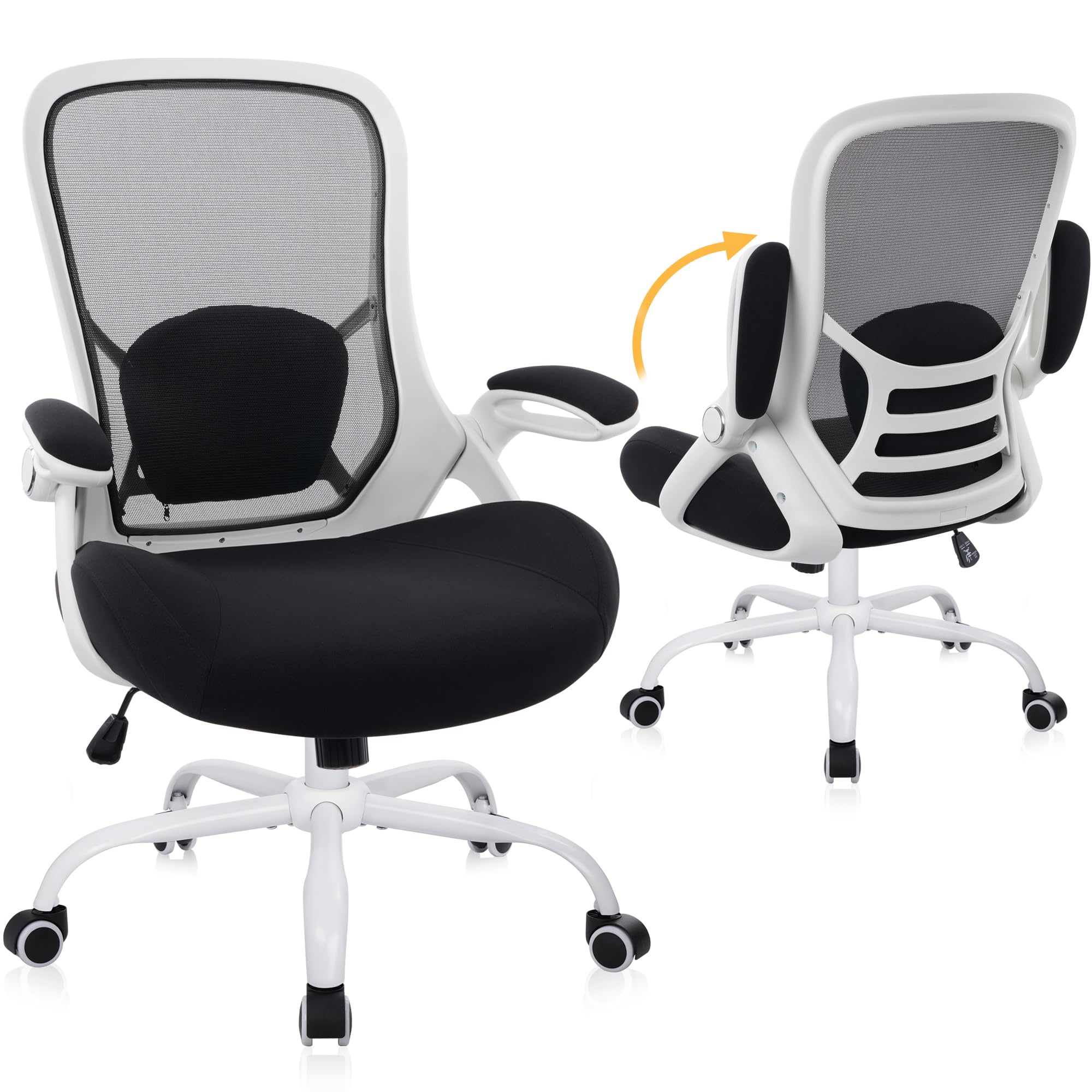 400lbs Heavy Duty Office Chair, 5" Thickened Seat Ergonomic Desk Chair with Adjustable Armrests, Home Office Computer Chairs for Long Hours Mesh Executive Chair(White Base&Black)