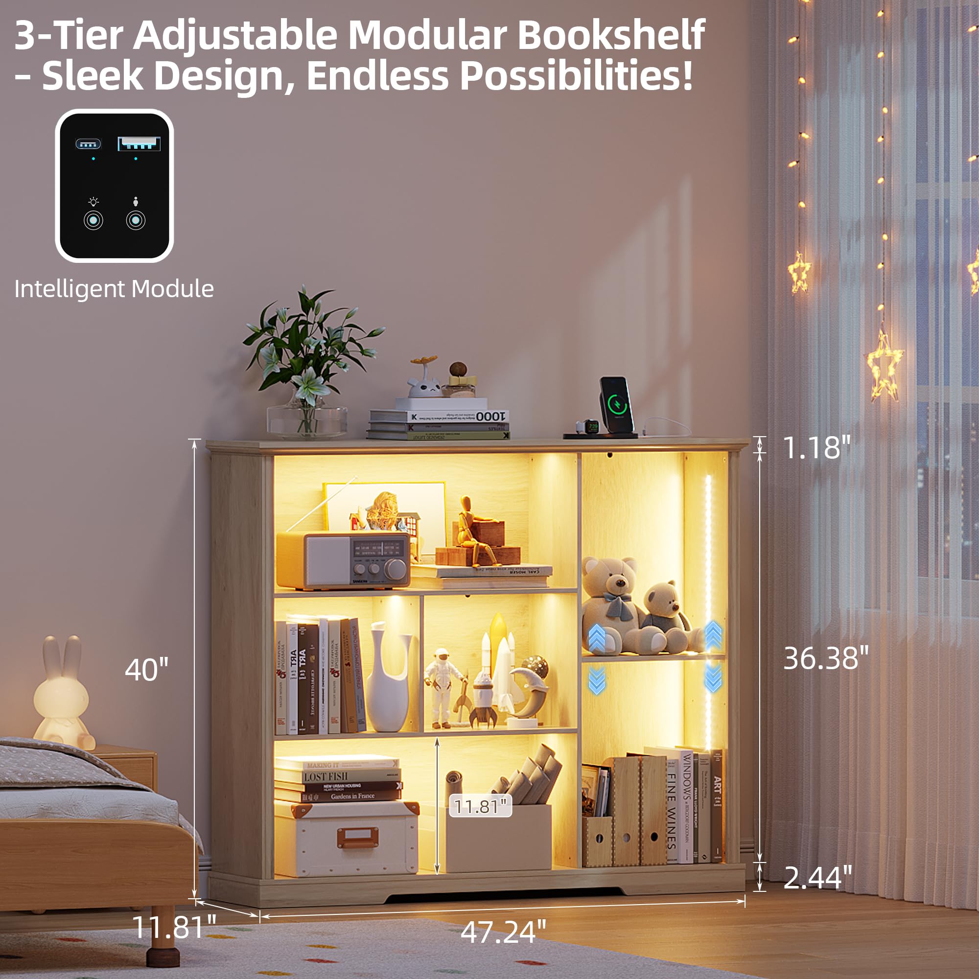 Adjustable LED Bookshelf with 3 Tiers and Motion Sensor - Natural Wood