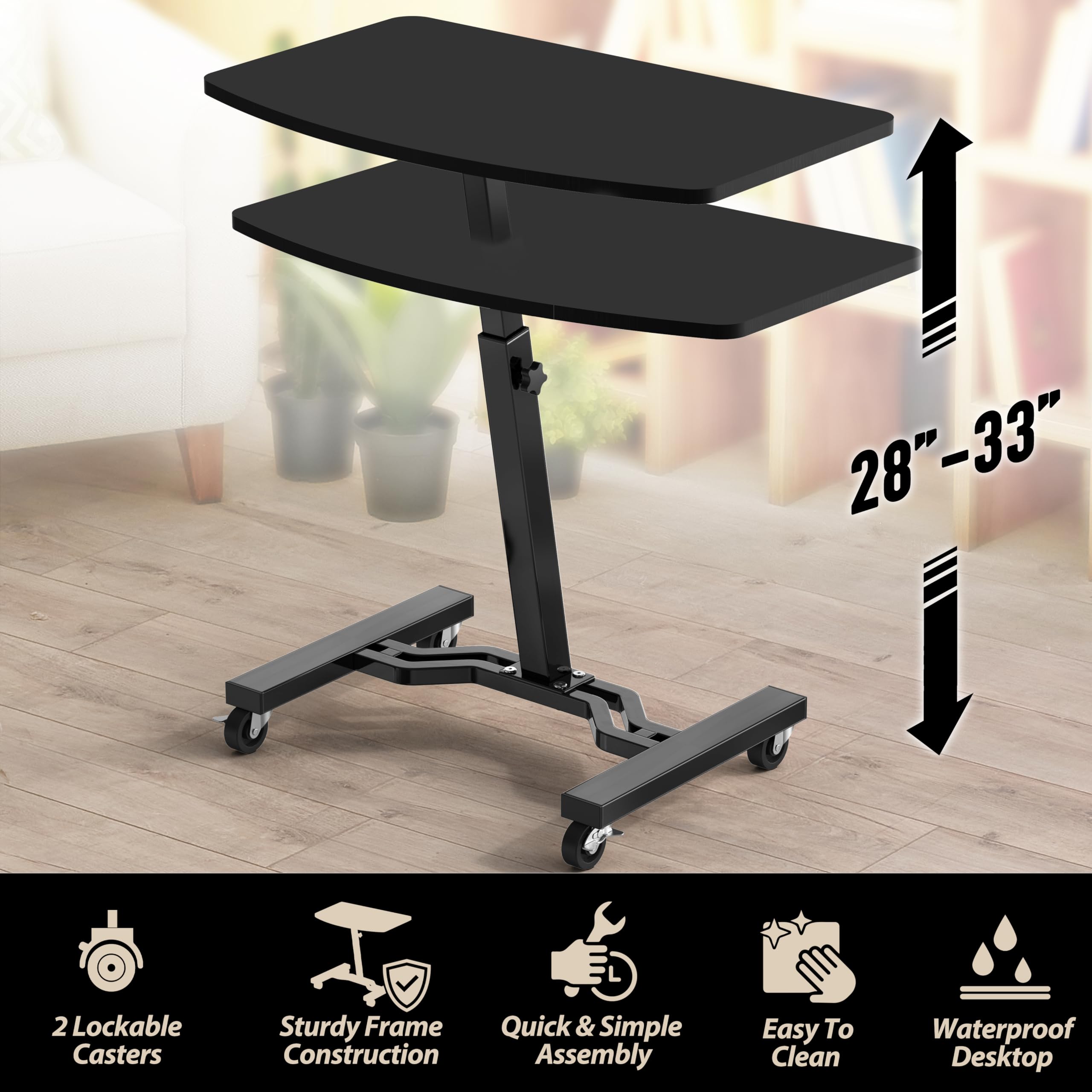 Mobile Height Adjustable Laptop Rolling Cart with Height Adjustment from 28" to 33", Black
