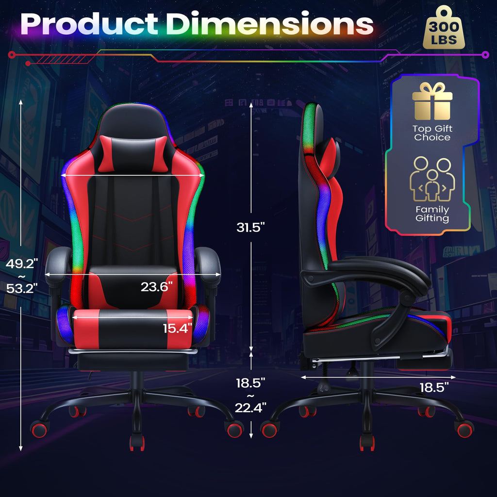 Gaming Chair, Video Game Chair with Footrest and Massage Lumbar Support, Ergonomic Computer Chair Height Adjustable with Swivel Seat and Headrest (RGB Red)