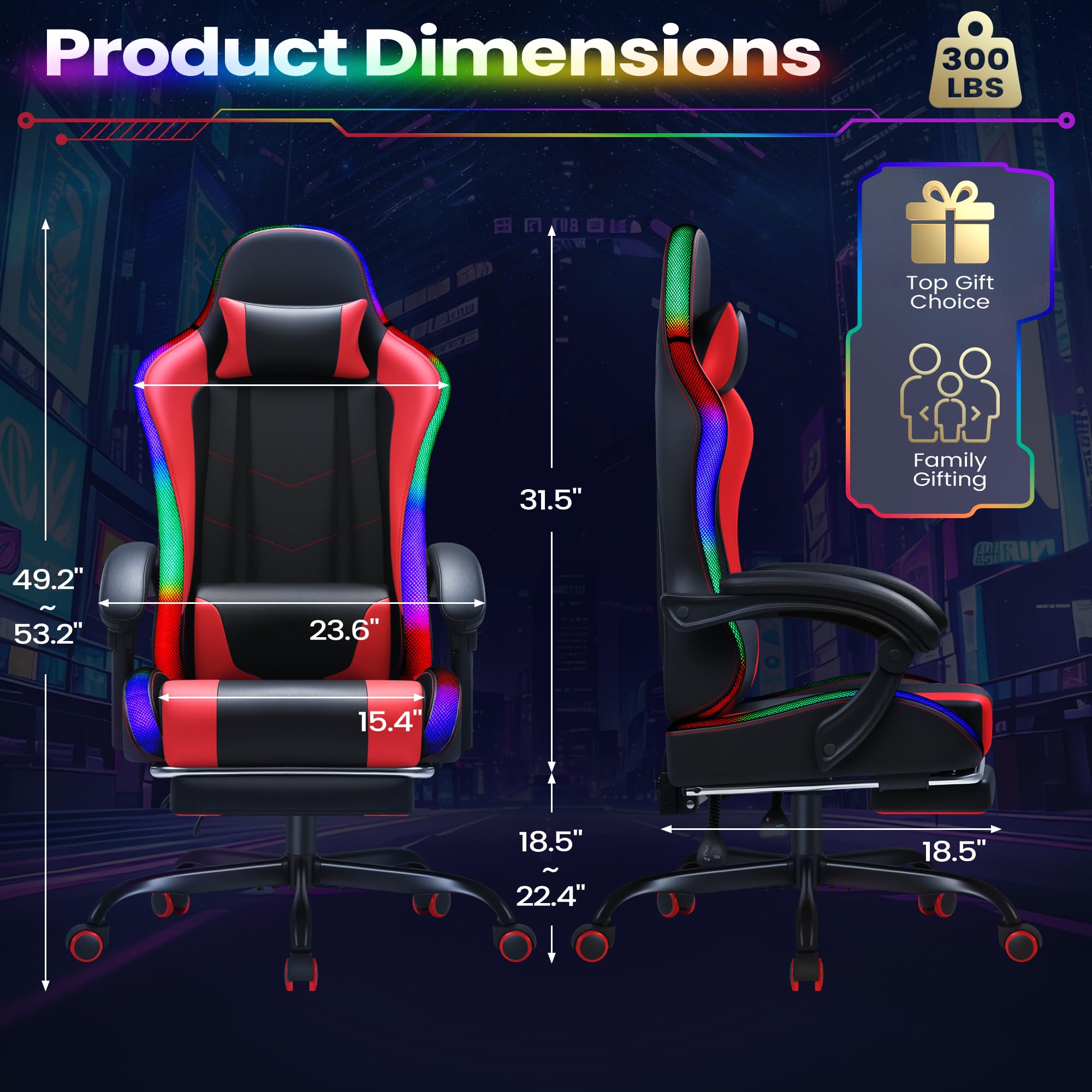 Gaming Chair, Video Game Chair with Footrest and Massage Lumbar Support, Ergonomic Computer Chair Height Adjustable with Swivel Seat and Headrest (RGB Red)