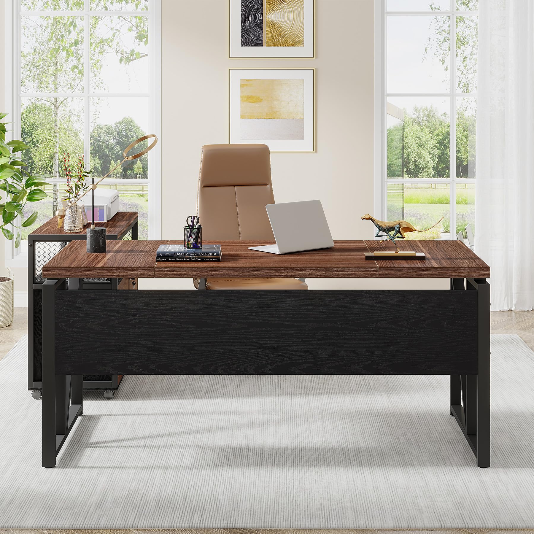 63" Executive Deskwith Drawer Cabinet, L Shaped Desk and lateral File Cabinet, 2 Piece Home Office Furniture Set with Drawers for Hanging, Doors with Locks (Dark Brown, 63 inches)