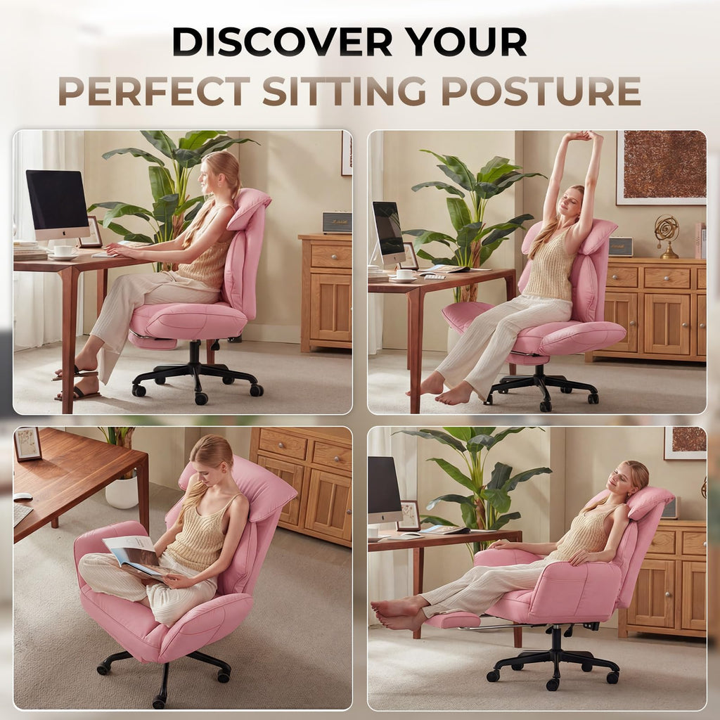 Cross Legged Office Chair with Pivoting Armrests,Criss Cross Chair with Pocket Spring Seat & Back,Reclining Computer Gaming Chair with Footrest and Metal Base (Pink)