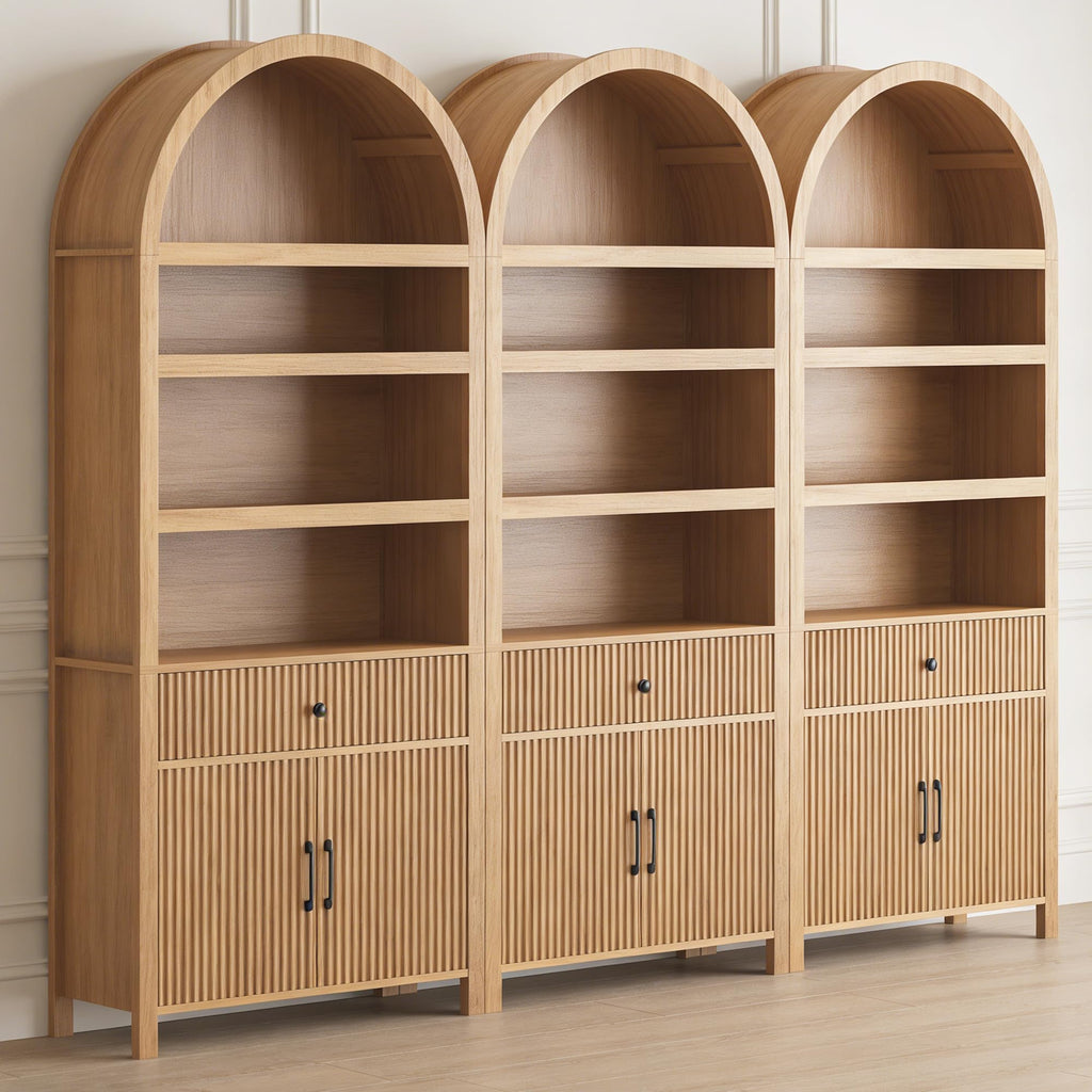 Book Shelf 70" Tall Bookcase with Drawer, 7-Tier Arched Cabinet with Storage and Fluted Door, Mid-Century Modern Modular Arch Bookshelf for Office Living Room Bedroom Library (Oak, 3)