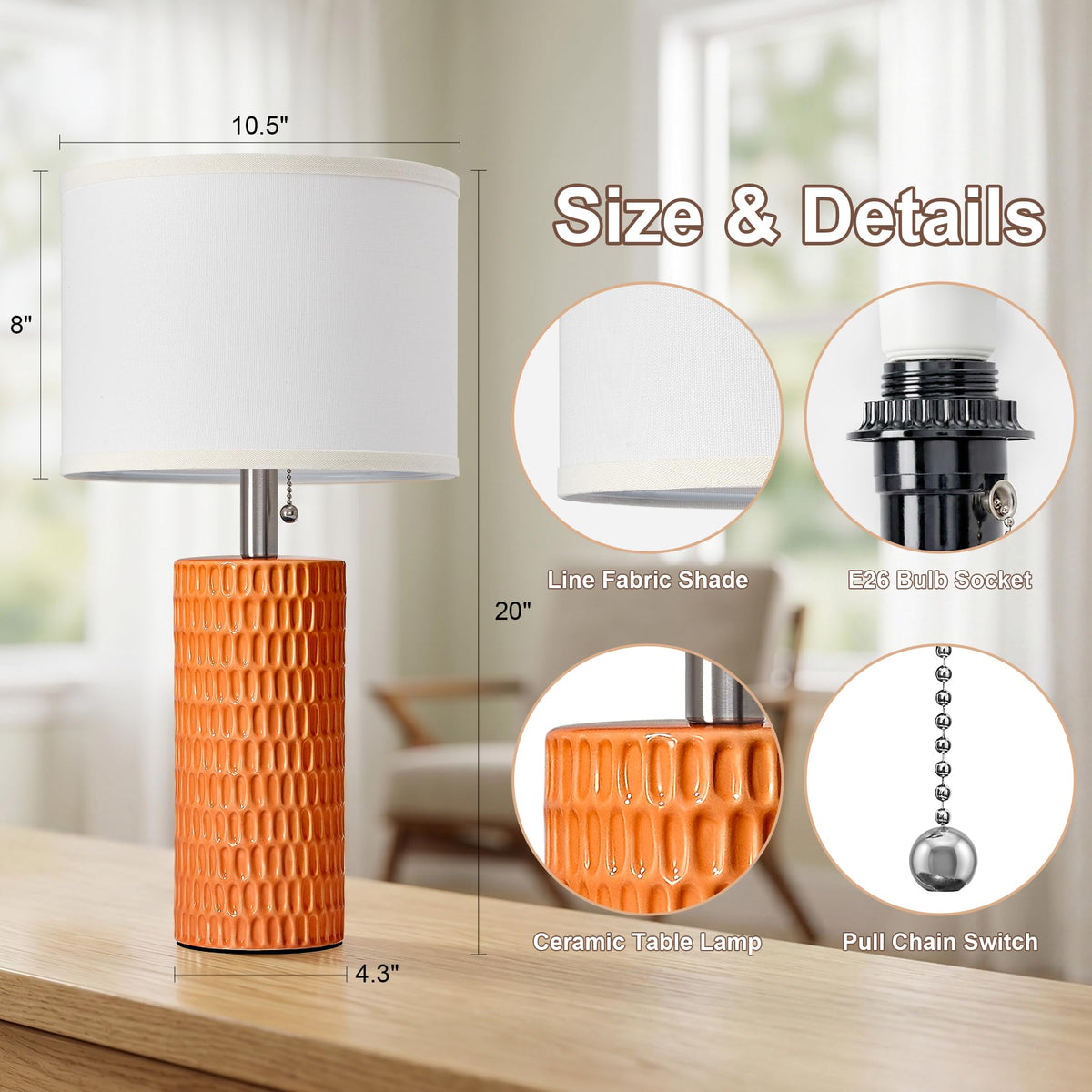 20” Modern Table Lamps Set of 2, Lamps for Bedroom, Orange