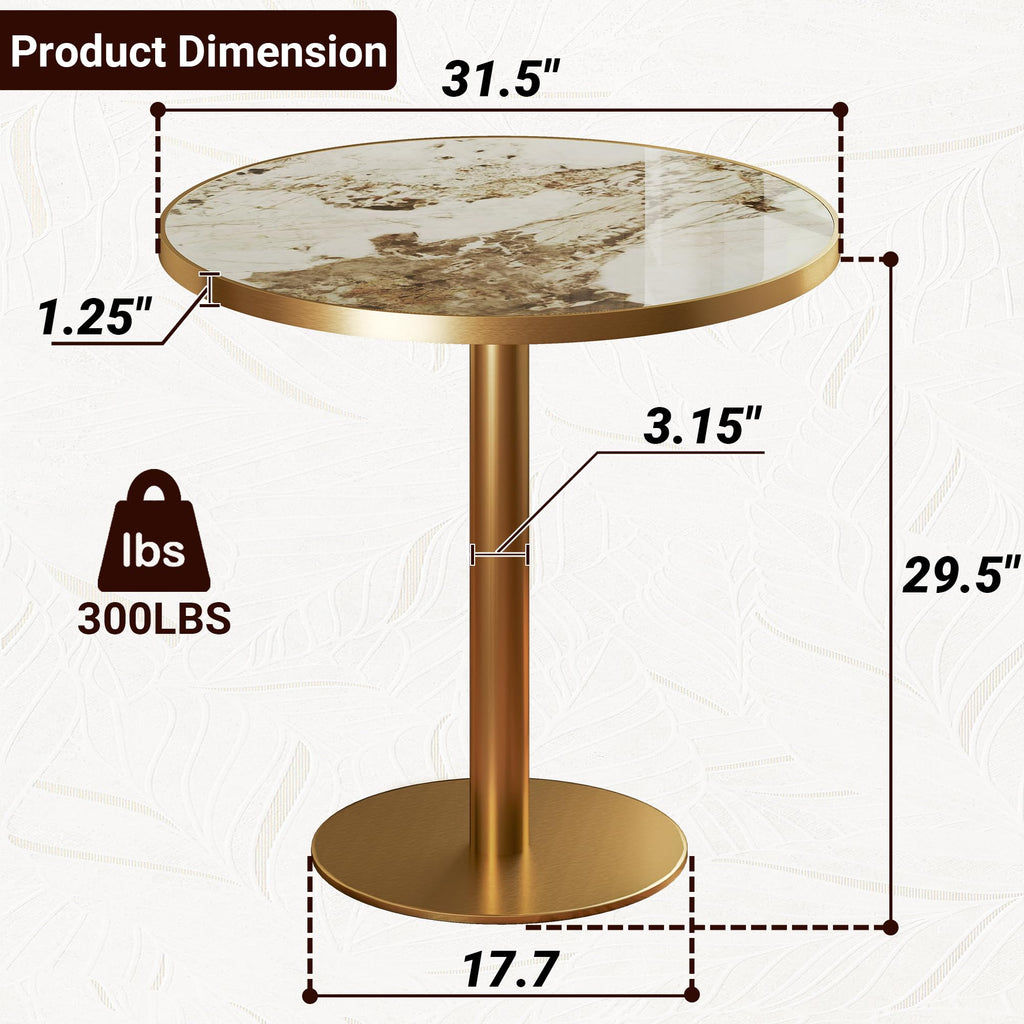 hausway 31.5" Tulip Table,Round Kitchen Dining Table for 2-4 with Thick Sintered Stone Top,Titanium Golden Pedestal Base,Heat-Resistant,Bistro Table for Dining Room,Café,Small Space（Gilded Chord）
