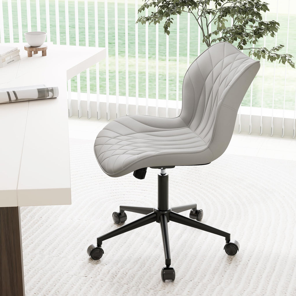 Armless Desk Chair Comfy Office Chair with Wheels Home Ergonomic Task Chair Adjustable Computer Chairs Modern Faux Leather Swivel Chair Upholstered Makeup Vanity Chair with Back(Gray)