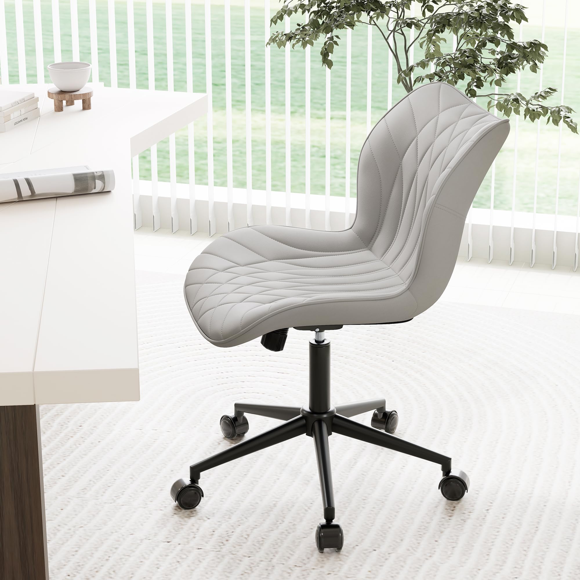 Armless Desk Chair Comfy Office Chair with Wheels Home Ergonomic Task Chair Adjustable Computer Chairs Modern Faux Leather Swivel Chair Upholstered Makeup Vanity Chair with Back(Gray)
