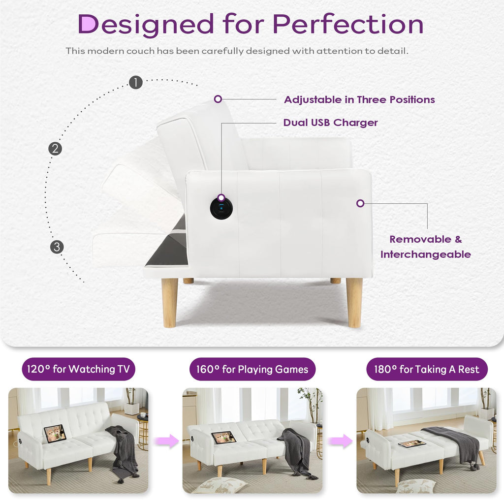 Modern White Faux Leather Upholstered Convertible USB Folding Futon Sofa Bed, 65" Couch, Love Seats Furniture for Small Space Configuration, Office, Apartment, Dorm, Living Room