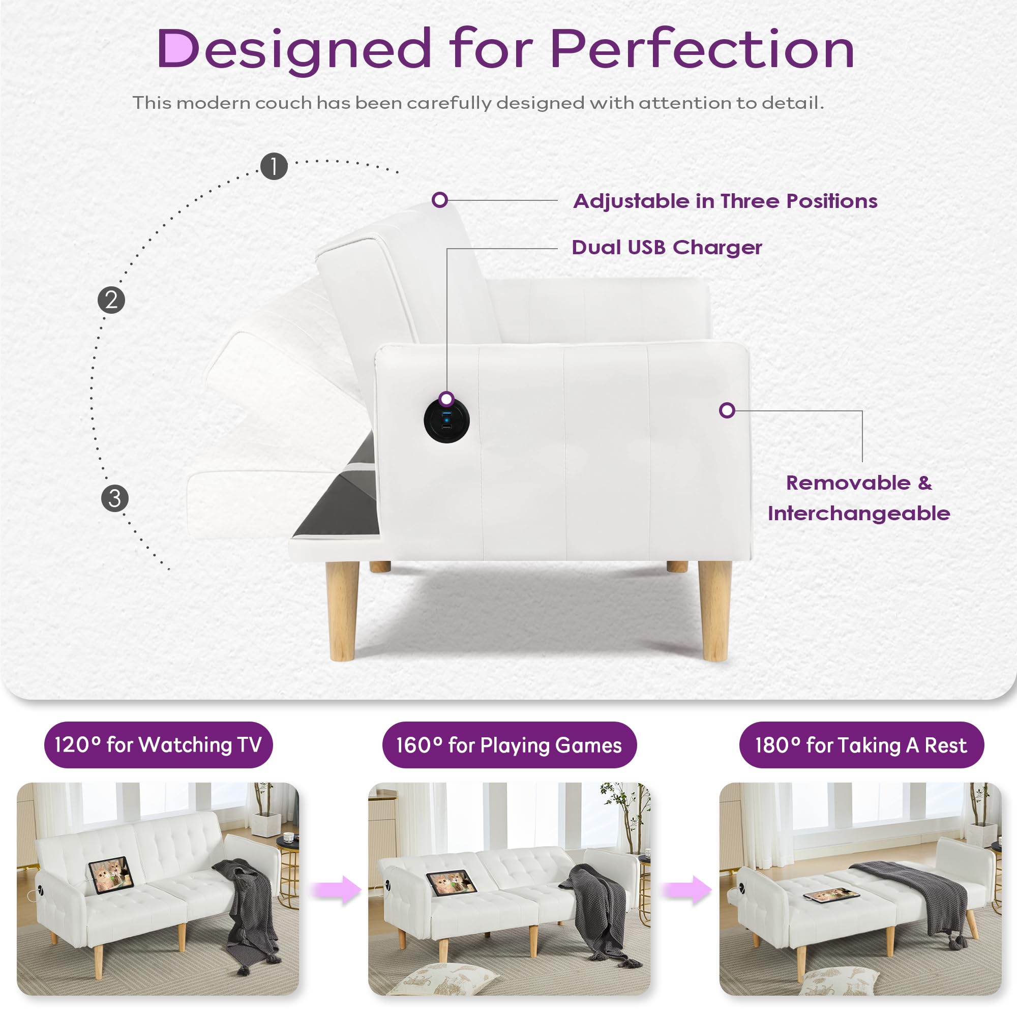 Modern White Faux Leather Upholstered Convertible USB Folding Futon Sofa Bed, 65" Couch, Love Seats Furniture for Small Space Configuration, Office, Apartment, Dorm, Living Room