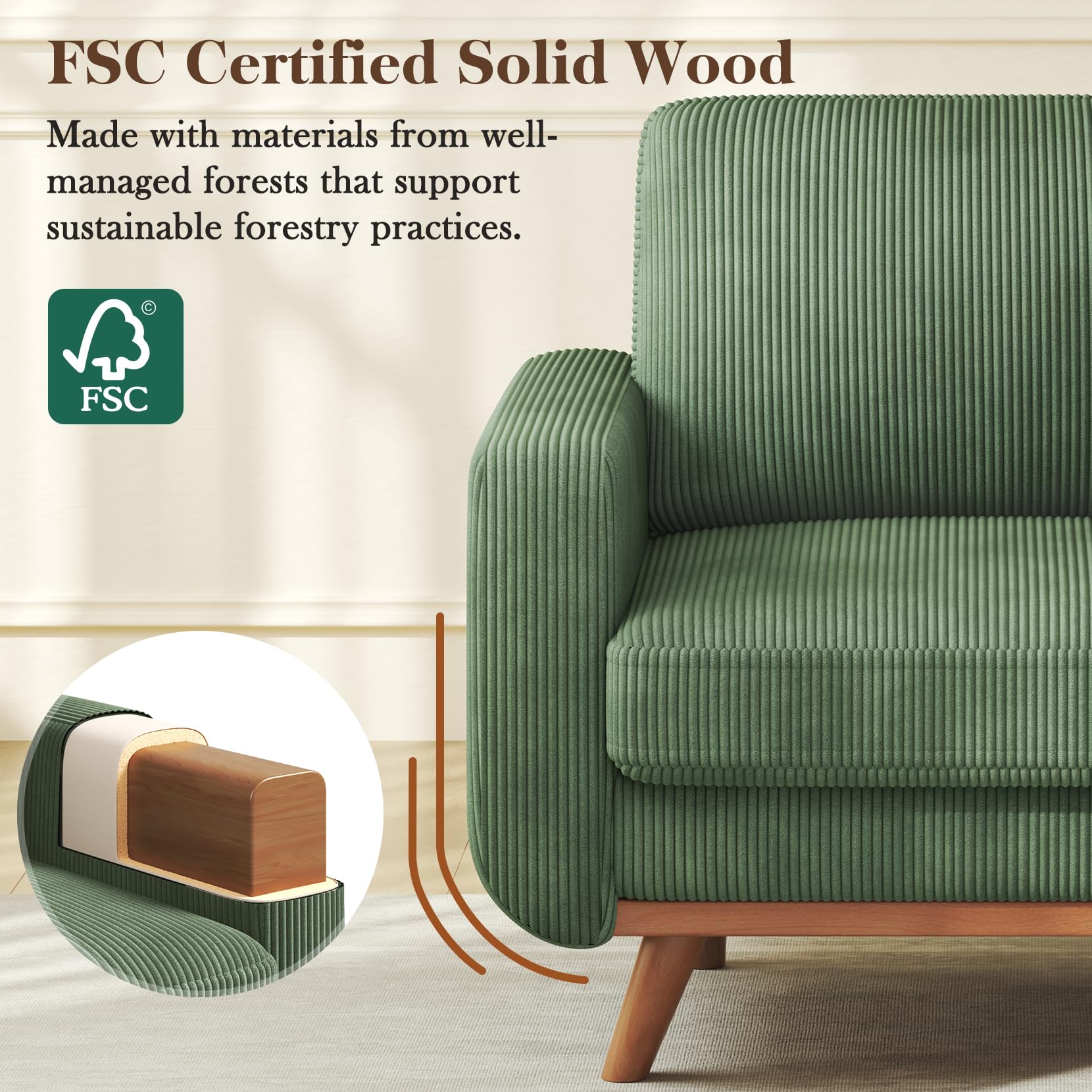 38.5" Accent Chair Green, Comfy Corduroy Single Sofa Seat with Spring Cushion, Upholstered Armchair with Deep Seat, Reading Chair for Adults, Modern Sofa for Living Room, Bedroom