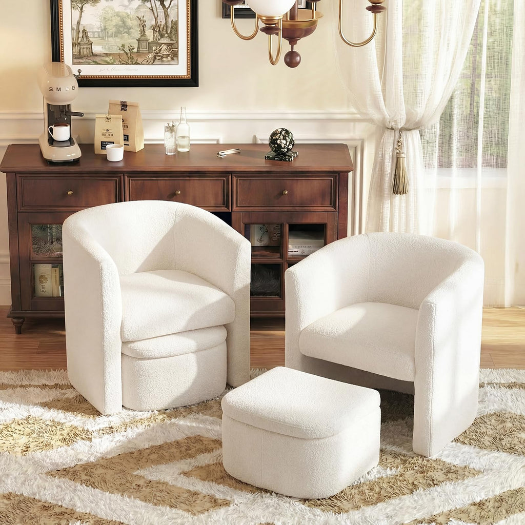 Modern Velvet Barrel Accent Chair with Storage Ottoman Set of 2, Upholstered Living Room Side Chair, Single Sofa Armchair with Lounge Seat for Bedroom/Office/Reading Spaces, Cream