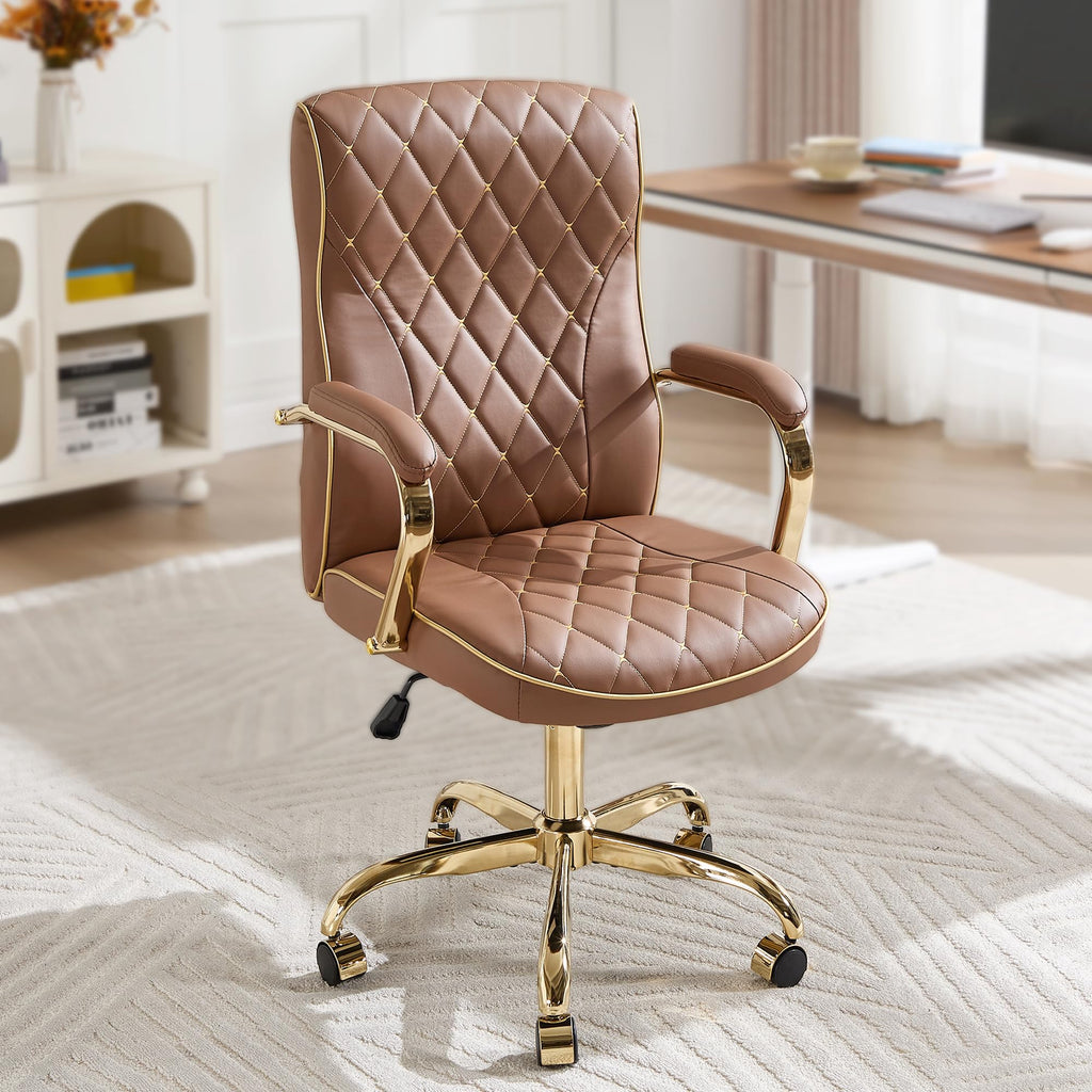 Brown and Gold Office Desk Chair,Conference Room Chairs,Mid Back Vintage Executive Leather Chair,Ergonomic Computer Swivel Chair with Rocking Function and Padded Arms,Adjustable Height