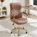 Brown and Gold Office Desk Chair,Conference Room Chairs,Mid Back Vintage Executive Leather Chair,Ergonomic Computer Swivel Chair with Rocking Function and Padded Arms,Adjustable Height