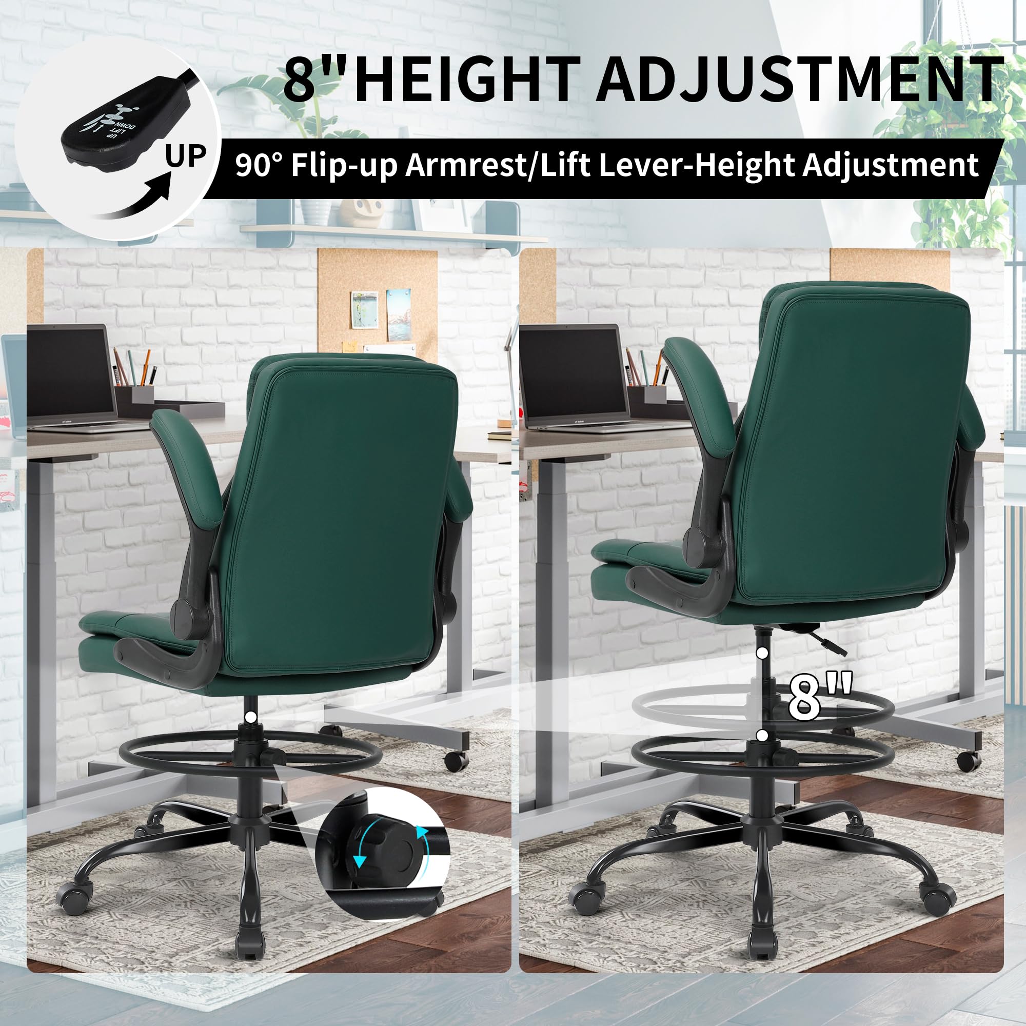Drafting Chair, Tall Office Chair for Standing Desk, High Leather Executive Office Chair with Adjustable Height and Flip-up Armrest for Counter Height Desk Green