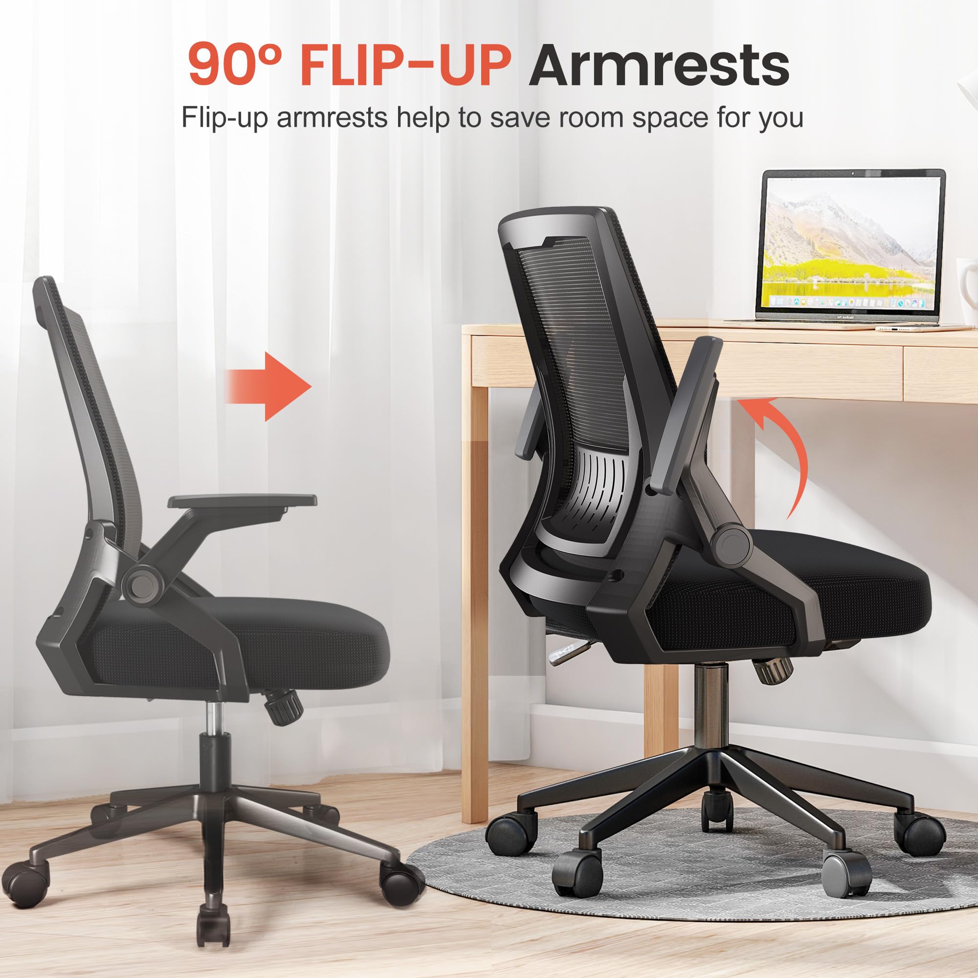 Office Chair with Flip-up Armrests Ergonomic Computer Desk Chair with Adaptive Lumbar Support & Breathable Mesh, Black