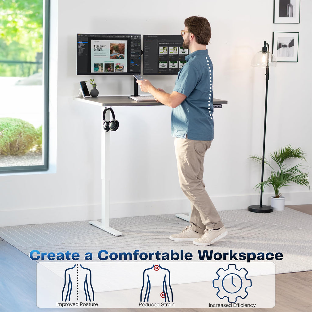 Electric 48 x 30 in Standing Desk, Memory Height Adjustment, 1B Series, Holds 220 lbs, One-Piece Dark Gray Top, White Frame