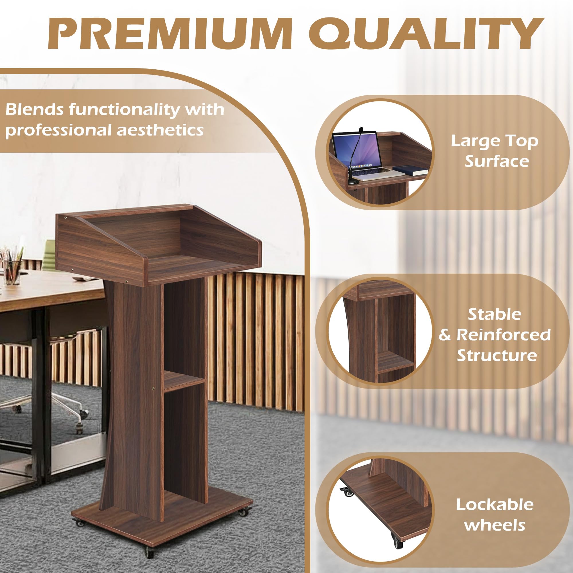 Podium Stand with Lockable Wheels,47"H Wooden Podium for Classroom, Mobile Pulpit Lectern with 3 Storage Shelves for Church, Office,Conference Room (Walnut)