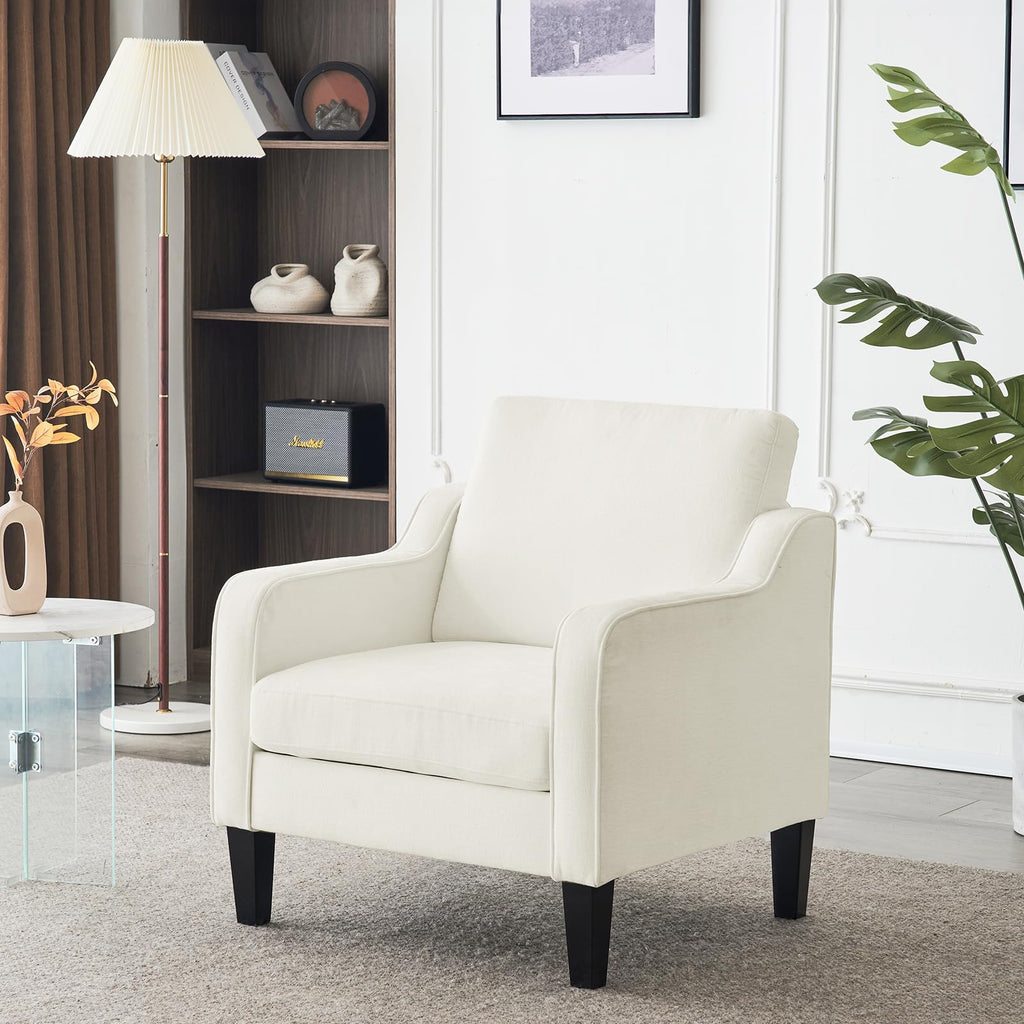 White Accent Chair Soft Chenille Comfy Arm Chair Mid Century Modern Sofa Chair for Small Spaces Bedroom, Office, Apartment, Lounge (Creamy White)