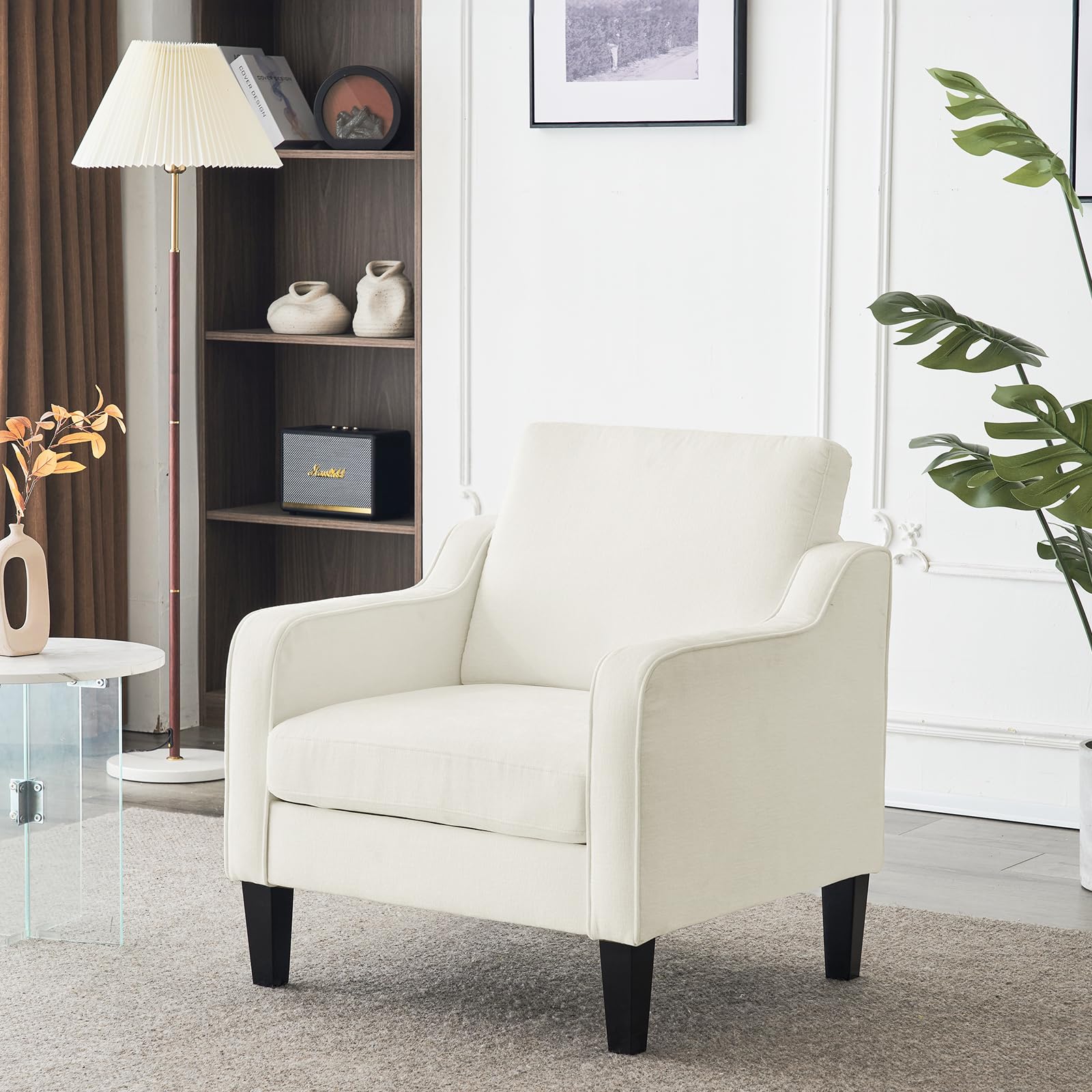 White Accent Chair Soft Chenille Comfy Arm Chair Mid Century Modern Sofa Chair for Small Spaces Bedroom, Office, Apartment, Lounge (Creamy White)