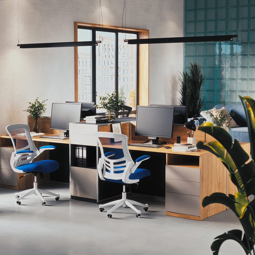 Office Chair, Ergonomic, Mid-Back, White Frame, Blue Mesh with Swivel