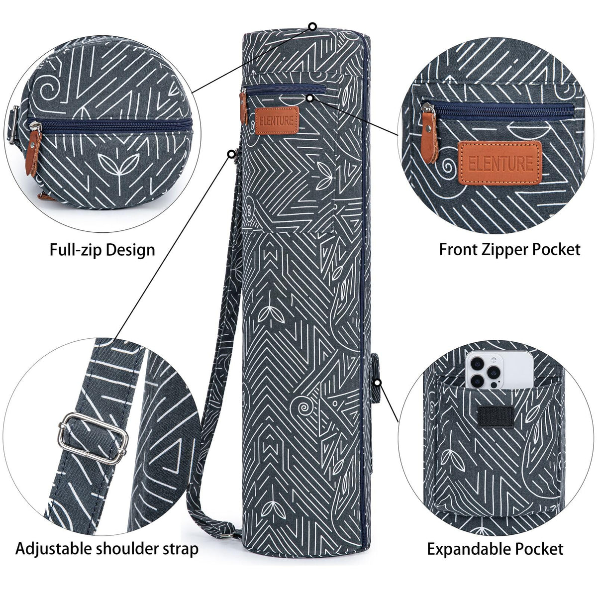 Yoga Mat Bag for Women & Men, Full-Zip Canvas Pilates Bag with Pockets