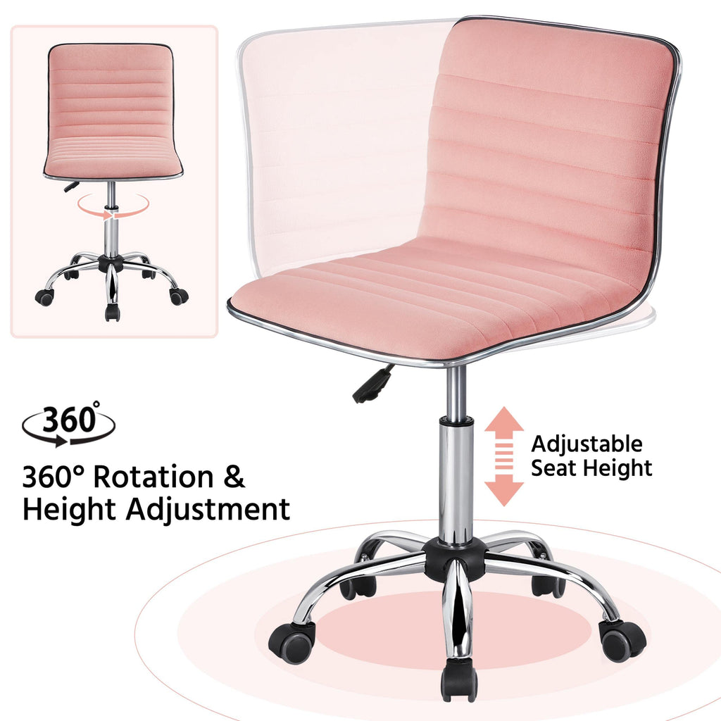 Velvet Low Back Armless Ribbed Vanity Chair Height Adjustable Swivel Task Office Chair, Apricot Pink