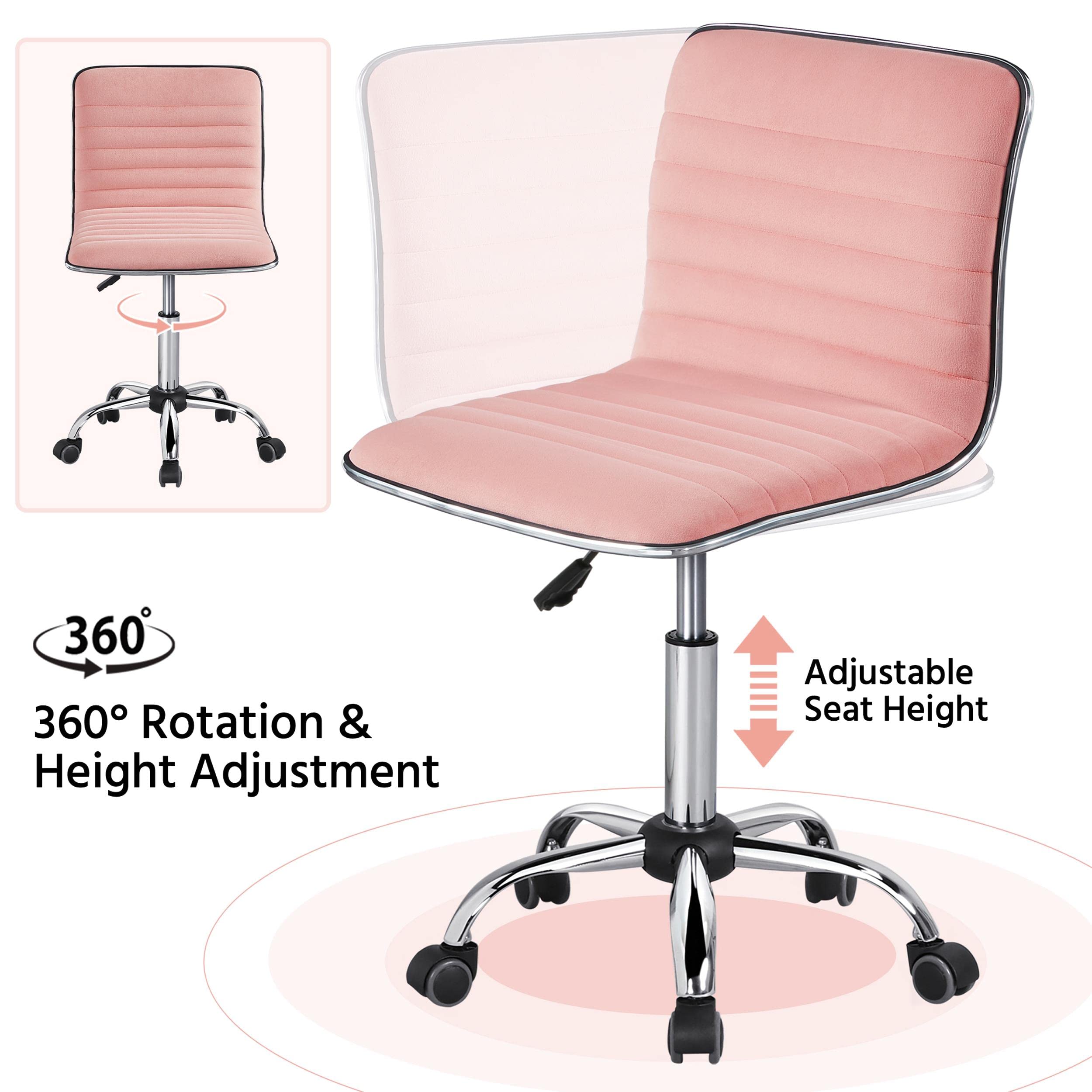 Velvet Low Back Armless Ribbed Vanity Chair Height Adjustable Swivel Task Office Chair, Apricot Pink