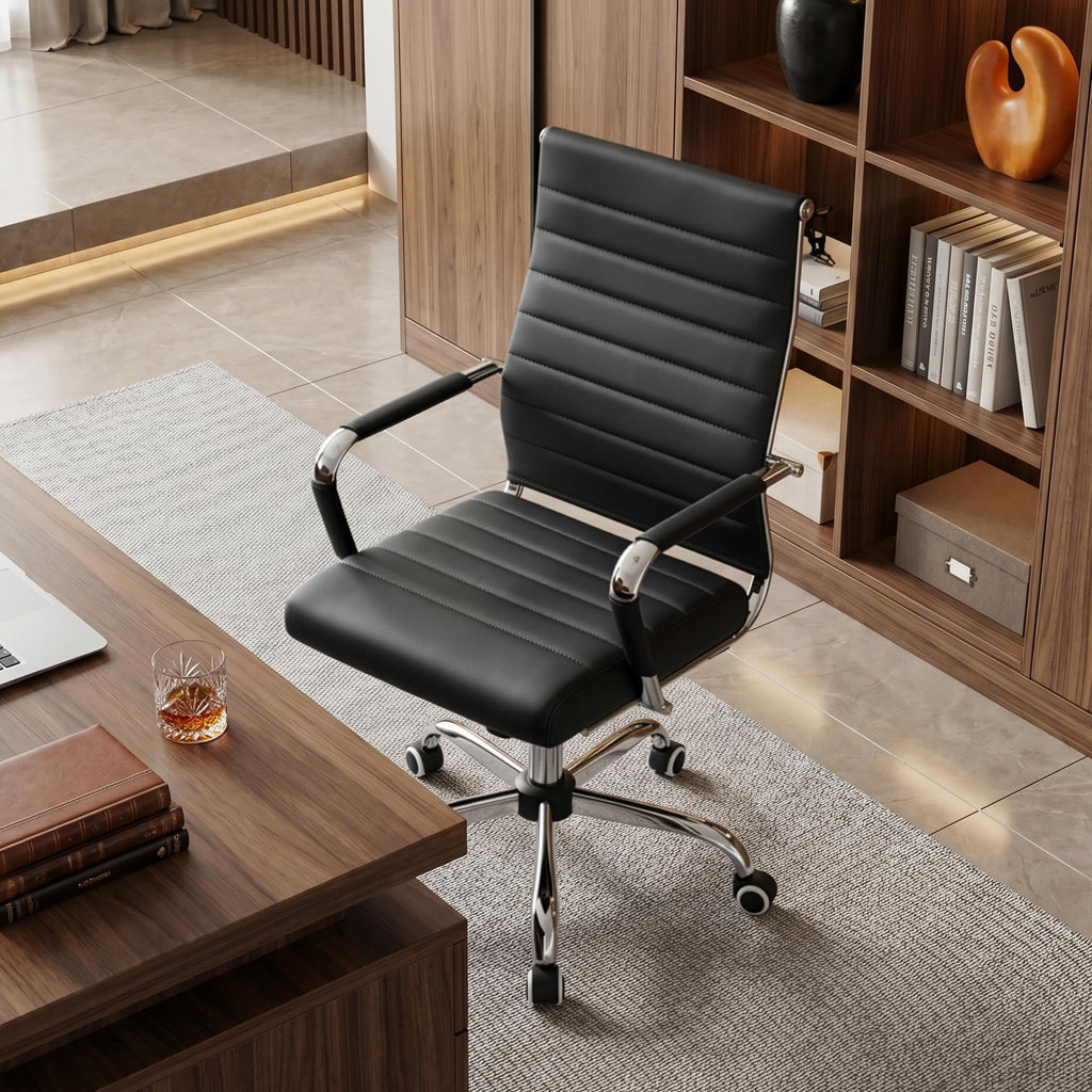 Office Desk Chair, Ergonomic Leather Modern Conference Room Chairs, Executive Ribbed Adjustable Swivel Rolling Chair for Home Office.