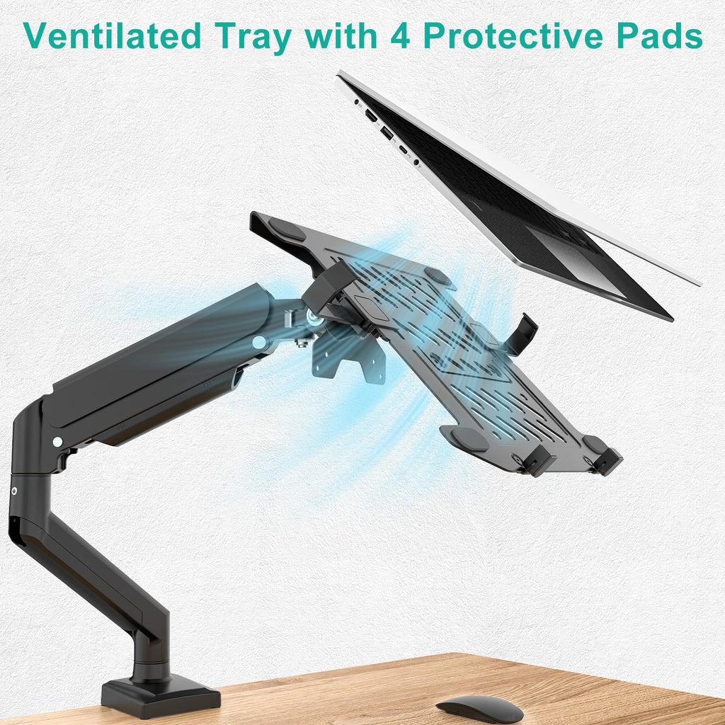 Single Arm Laptop and Monitor Desk Mount for 17" Notebook and Up to 32" Screen, 2-in-1 Adjustable Monitor Arm with Laptop Tray, VESA 75x75 100x100,Holds 22-26.4 lbs, Black