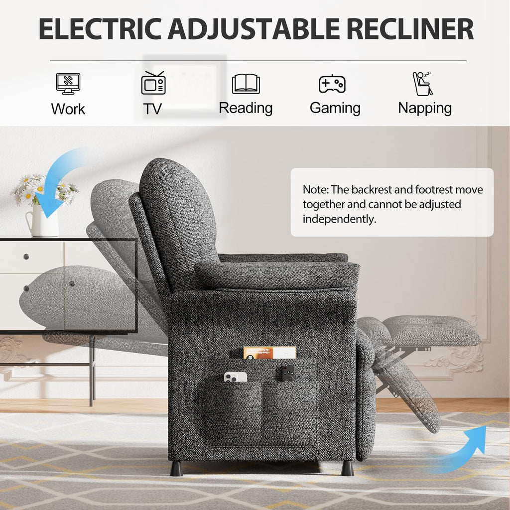 Power Recliner Chair for Adults with Heat & Massage - Linen Electric Reclining Sofa with Remote Control, 3 Side Pockets, 180° Lay Sleeper for Home Theater Living Room, Dark Grey