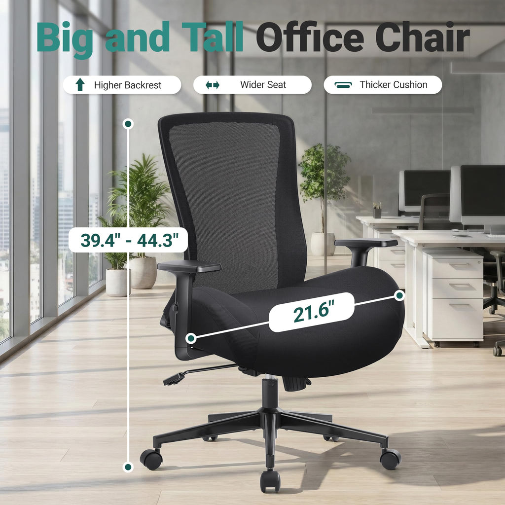 Big and Tall Home Office Desk Chair 500lb Capacity for Heavy People, Ergonomic Wide Mesh Desk Chair with Stepless Recline & Lock, 5.5" Thick Cushion, High Back, Adjustable Height & Armrests