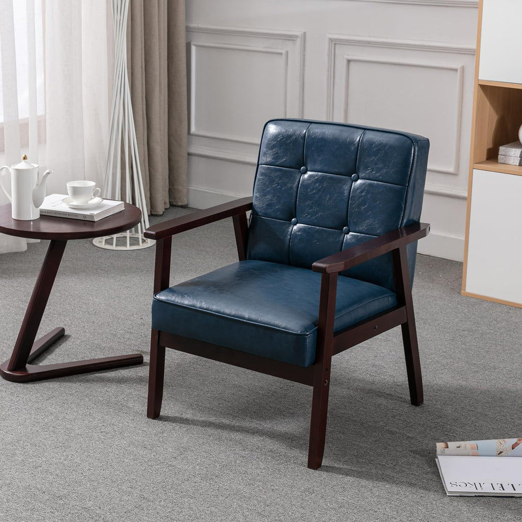 Mid Century Modern Accent Chairs, Retro Wood and Leather Armchairs Side Chair, Lounge Reading Comfy Arm Chair for Living Room, Bedroom, Office (Blue)