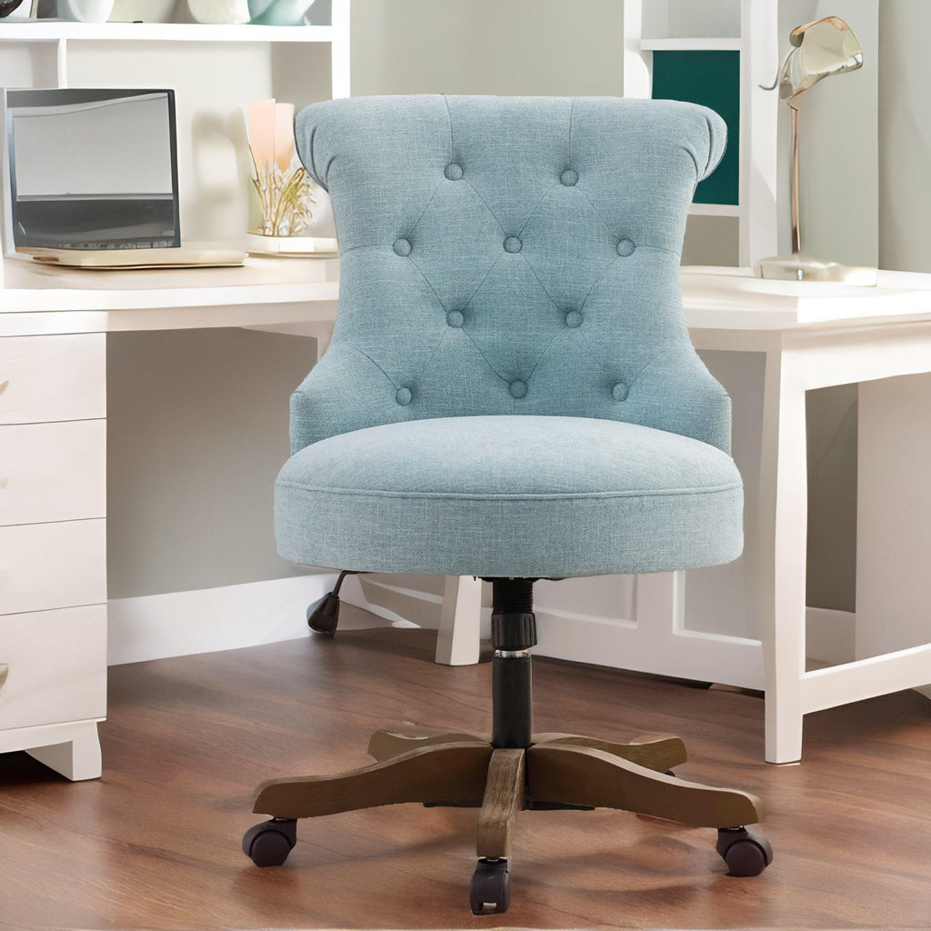 Home Office Chair Upholstered Armless Desk Chair with Wheels Adjustable Height Computer Desk Chair with Wooden Legs Comfortable Linen Swivel Chairs for Home Office Study Studio (Teal)