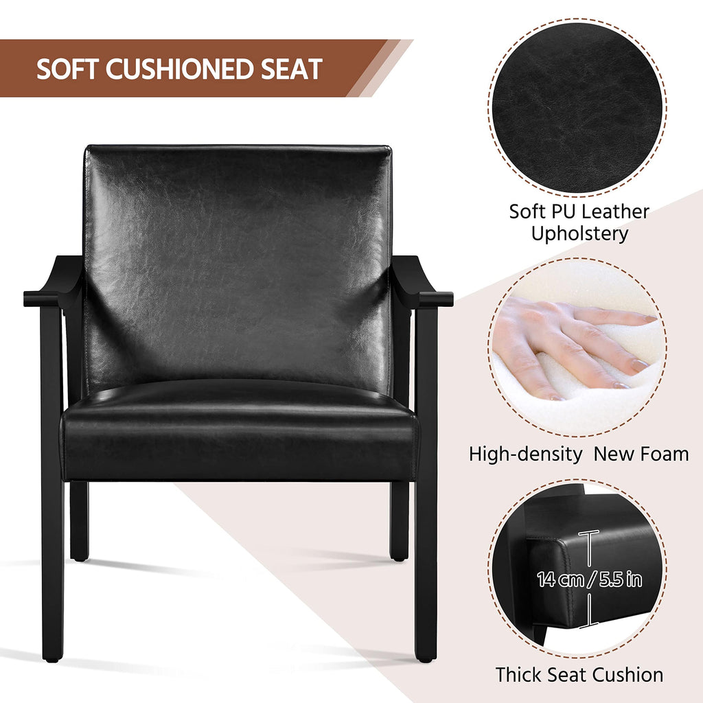 PU Leather Accent Chair, Mid-Century Modern Armchair with Solid Wood Legs, Reading Leisure Chair with High Back for Living Room Bedroom Waiting Room, Black